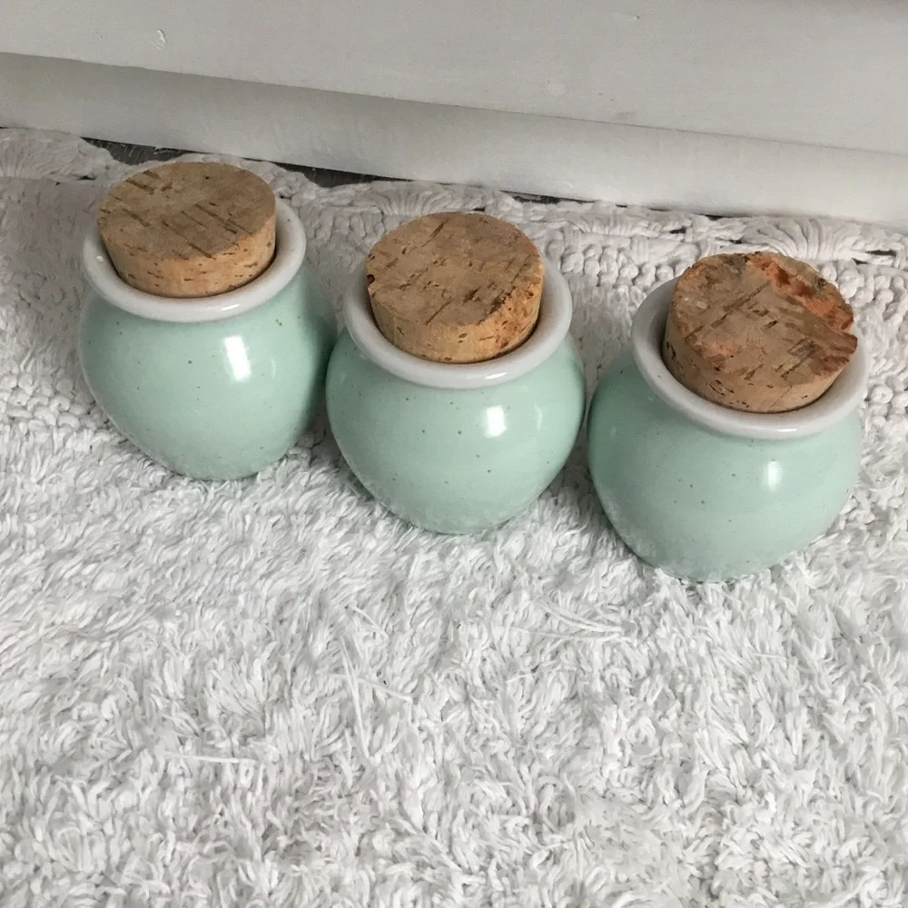 PENTIK FINLAND Set of Three Cork Lid Spice Jars Light Turquoise color.